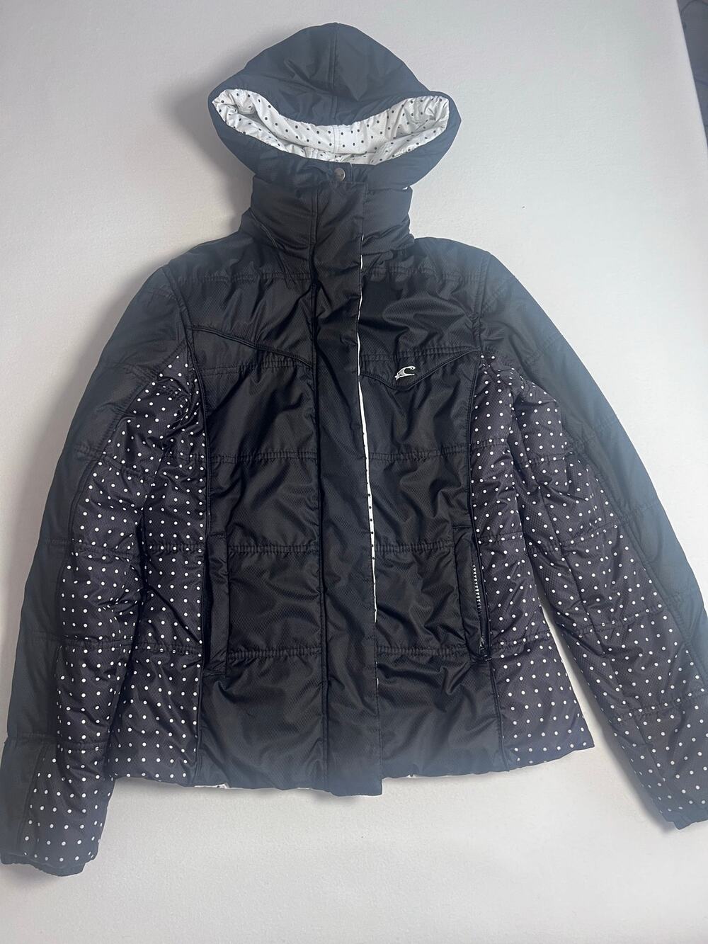 O’Neill Womens S Black Polka Dot Hooded Puffer Jacket Reversible White Y2K